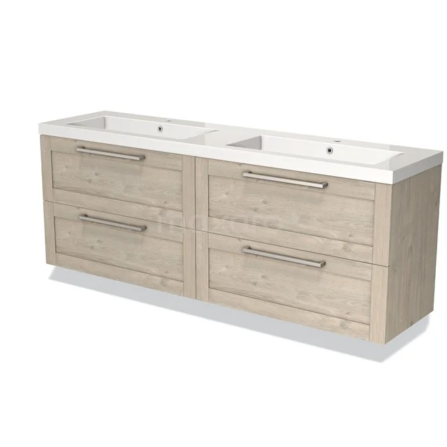 Wooden bathroom unit with double basin, oak look, 4 drawers and modern metal handles; ideal for stylish bathroom storage.