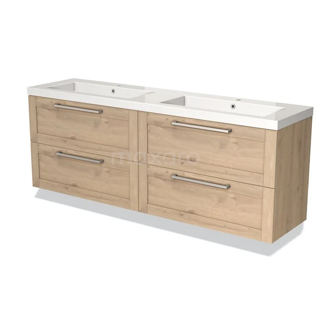Houten badkamermeubel met dubbele wastafel, lichte eikenkleur, 4 lades en moderne handgrepen voor stijlvolle badkameropslag.