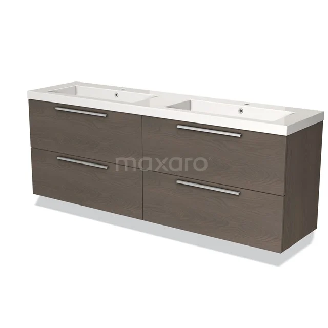Houten badkamermeubel met dubbele witte wastafel, vier lades en strakke handgrepen, ideaal voor moderne badkamers.