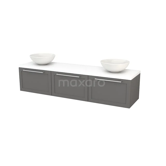 Grey floating bathroom furniture set with double countertop wash basins and white worktop, modern design with clean lines.