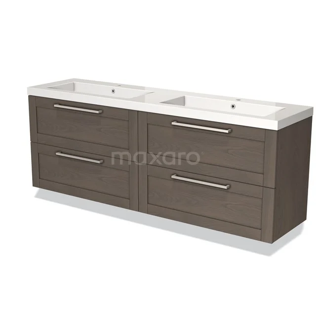 Dubbele wastafelmeubel, donker houtlook, met vier lades en moderne metalen grepen, ideaal voor ruime badkameropslag.