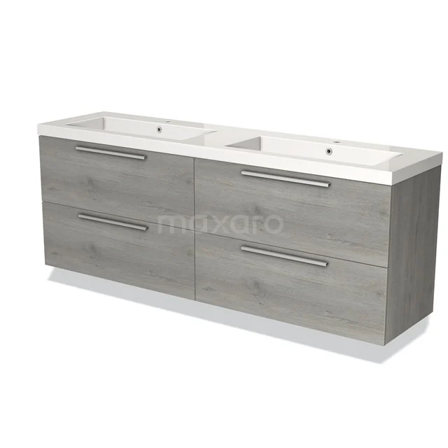 Dubbele wastafelmeubel in houtlook, grijs met vier ruime lades, ideaal voor moderne badkamerinrichtingen.