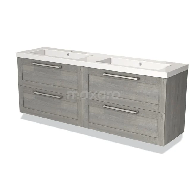Grijze houten wastafelmeubel met dubbele wasbak, moderne uitstraling, ideaal voor een stijlvolle badkamer inrichting.