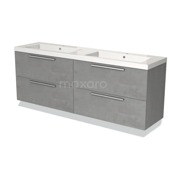Grijs badkamermeubel met dubbele wastafel, vier lades en modern design, ideaal voor stijlvolle en praktische badkameropslag.