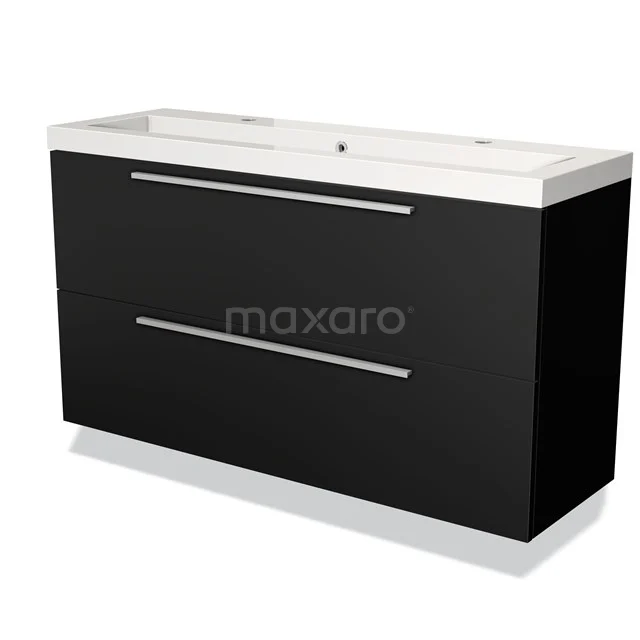 Zwarte badkamermeubel met dubbele lades, strak design en witte keramische wastafel, ideaal voor een moderne badkamer.