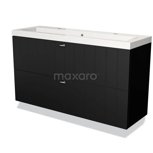 Zwart badkamermeubel met twee lades, witte keramische wastafel, strak design, ideaal voor moderne badkamerindeling.