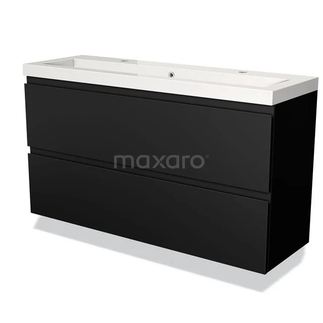 Zwarte wastafelmeubel met een breed wit keramisch wastafelblad, moderne strakke vormgeving, perfect voor een stijlvolle badkamer.