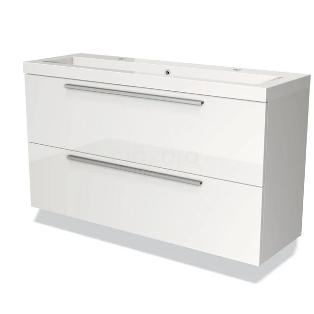 Wit badkamermeubel met dubbele lades, modern design en glanzende afwerking, ideaal voor stijlvolle badkameropslag.