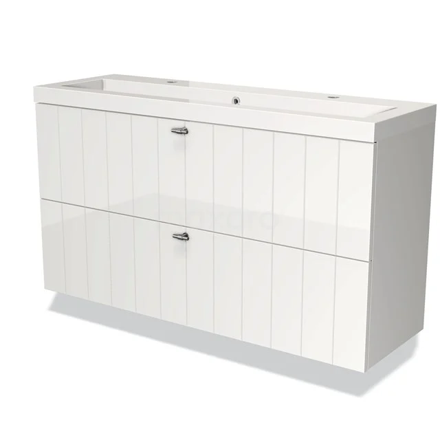 Wit badkamermeubel met dubbele lades, houtlook afwerking en modern spoelbakdesign geschikt voor een stijlvolle badkamer.