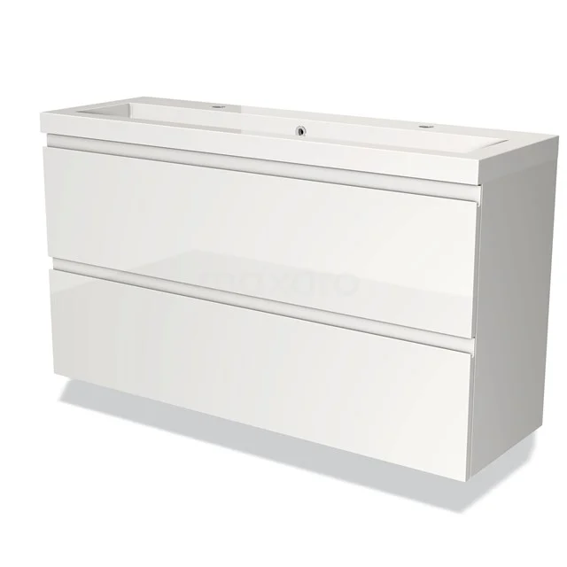 White bathroom unit with two drawers, sleek design and glossy finish, ideal for a modern bathroom.