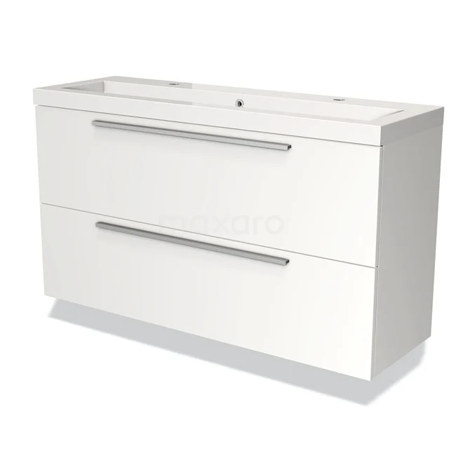 Witte badkamermeubelset met twee lades, modern ontwerp, glanzende afwerking en geïntegreerde wastafel.