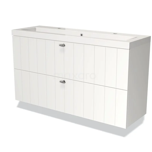 Badmöbel 120cm Modulo Slim Matt Weiß 2 Schubladen Lattenrost Waschbecken Mineralguss BMW37-00395 Weißes Badezimmermöbel mit zwei breiten Schubladen, vertikalen Linien und einem keramischen Waschbecken, ideal für moderne Bäder.