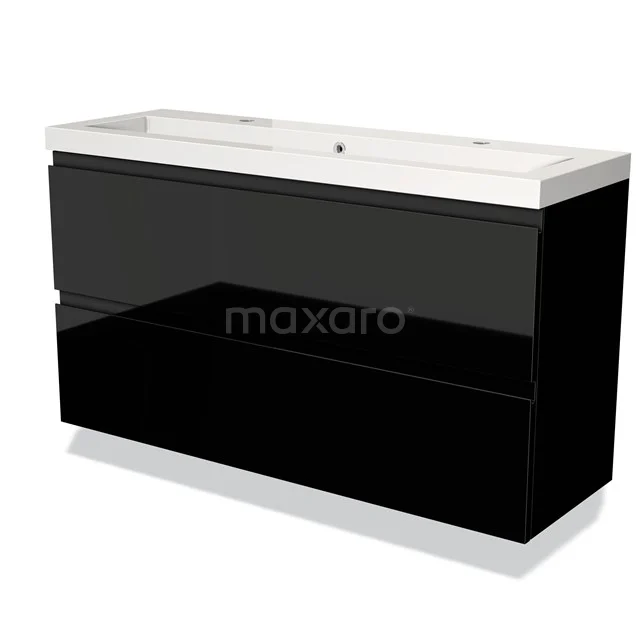 Zwarte moderne badkamermeubelset met glanzend front, dubbele lades en keramische wastafel, ideaal voor een stijlvolle badkamer.