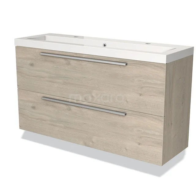 Houten badkamermeubel met twee lades, witte keramische wastafel en modern design, ideaal voor een stijlvolle badkamer.