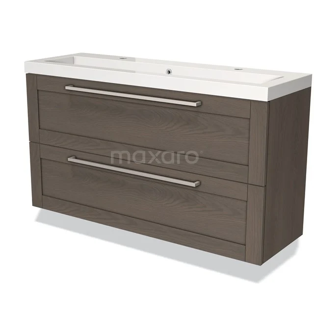 Modern Waschtisch in Holzoptik, braune Farbe mit zwei geräumigen Schubladen und weißem keramischen Waschbecken, ideal für ein stilvolles Badezimmer.