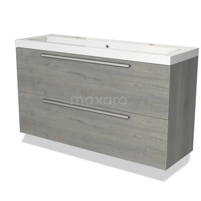 Houten badkamermeubel grijs met twee lades en witte wastafel, modern design voor stijlvolle badkameropslag.