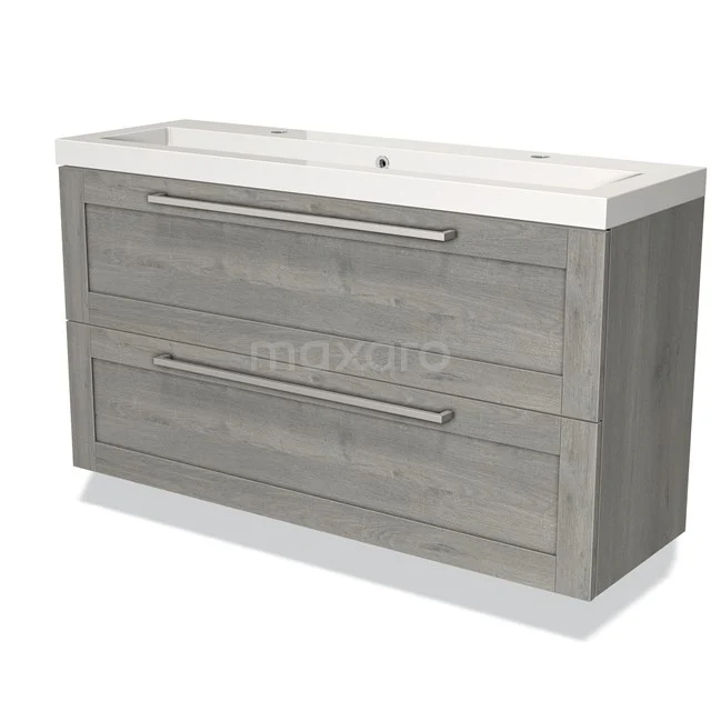 Grijze houten badkamermeubel met dubbele lade en witte wastafel, modern design voor praktische badkameropslag.