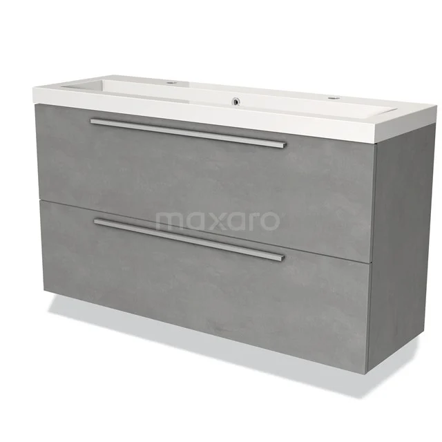 Modulo Slim Waschtische | 120 cm Hellgrauer Beton Flach front Mineralguss 2 übereinanderliegende Schubladen BMW37-00415 Graue moderne Badmöbelset mit zweischubladenschrank, mattem Betonlook und integriertem weißen Waschbecken für stilvolle Badezimmergestaltung.