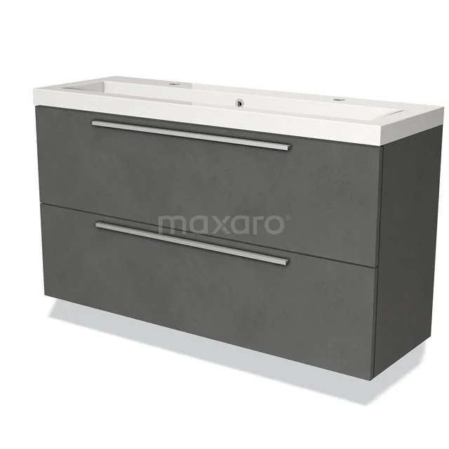 Badmöbel 120cm Modulo Slim Dunkelgrau Beton 2 Schubladen Flaches Waschbecken Mineralguss BMW37-00416 Graue Badmöbel mit doppelten Schubladen, moderner Ausführung und keramischem Waschbecken, ideal für stilvolle Bäder.