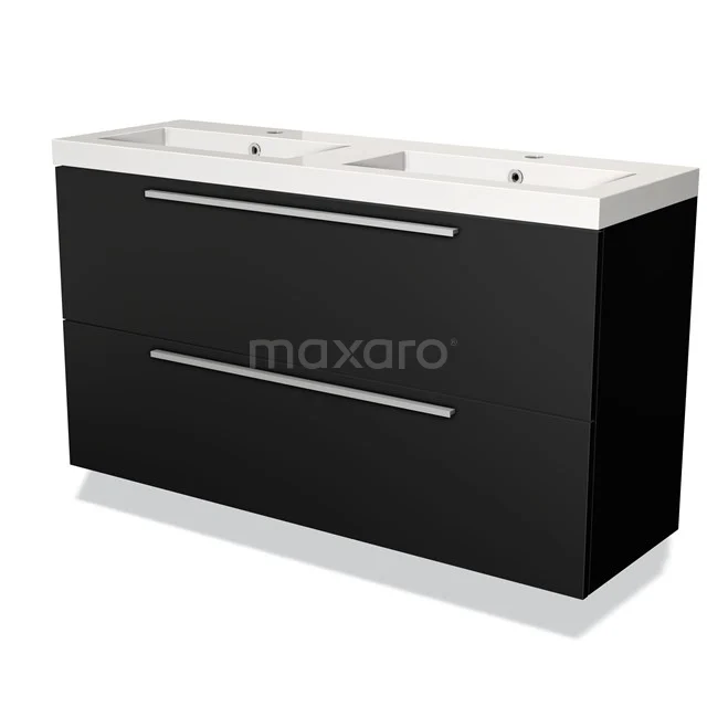 Zwarte badkamermeubelset met dubbele wastafel, strak design en chromen handgrepen, ideaal voor een moderne badkamer.