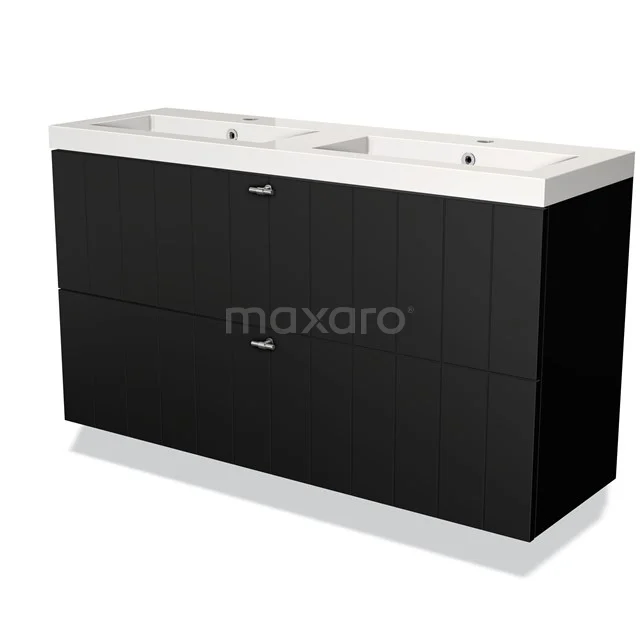 Zwarte dubbele wastafelmeubel, modern design, met witte keramische wasbak, ideaal voor een stijlvolle badkamer inrichting.
