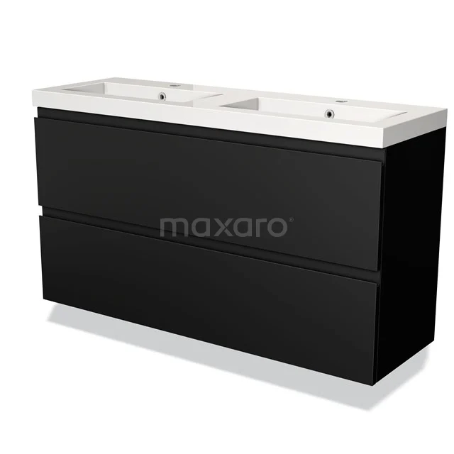 Black double basin with a sleek high-gloss finish, modern design and spacious drawers, ideal for a stylish bathroom.