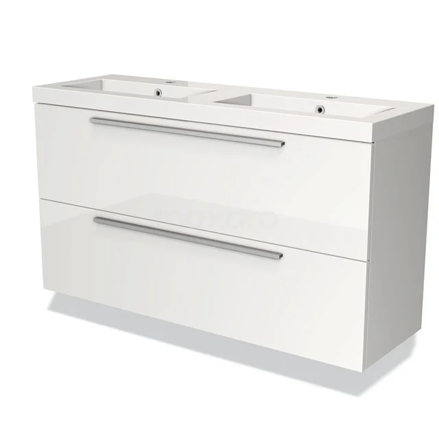 Witte badkamerkast met dubbele wastafel, moderne uitstraling, twee lades en strak vormgegeven handgrepen.