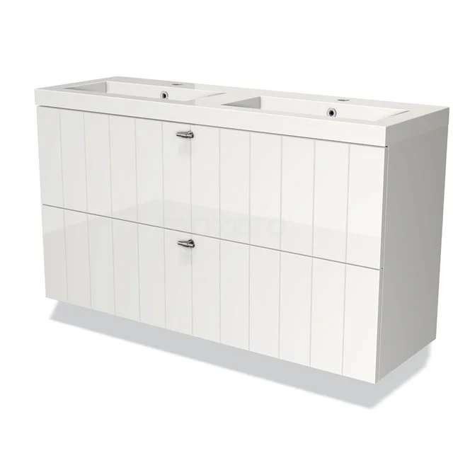 Wit dubbel wastafelmeubel met ribbelmotief, twee ruime lades en geïntegreerde wastafels, ideaal voor moderne badkamers.