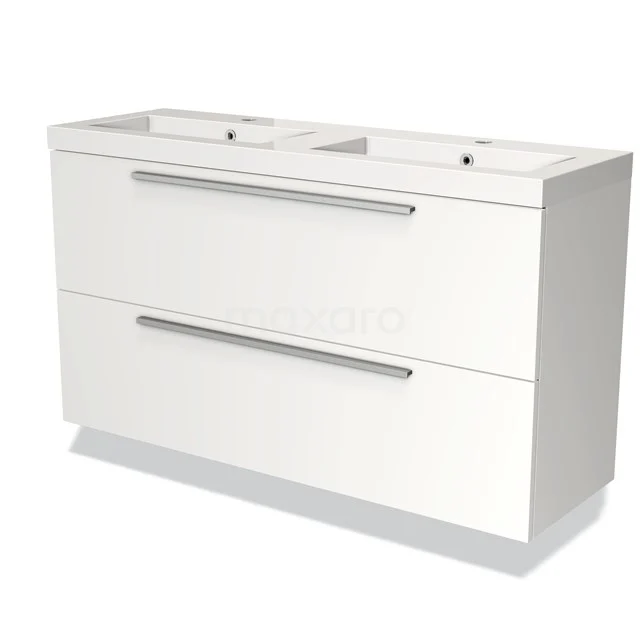 Wit dubbel badkamermeubel met strakke lades, moderne afwerking en geïntegreerde wastafels, ideaal voor eigentijdse badkamers.