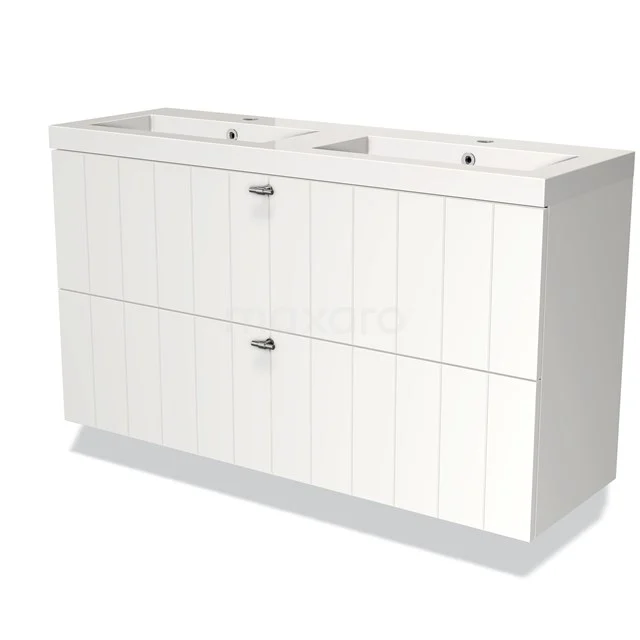 Double white bathroom unit with ribbed panels, two drawers and integrated vanity units with basin, ideal for modern bathroom design.