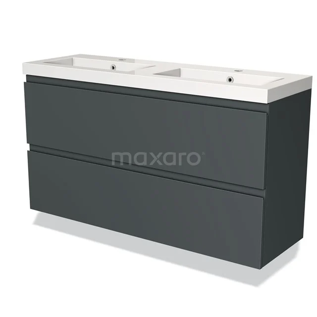 Moderne dubbele wastafel met matte grijze ladekast, perfect voor stijlvolle badkameropslag.