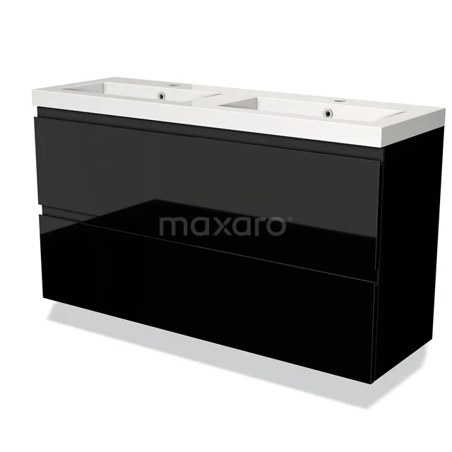 Dubbele badkamermeubelset, zwart hoogglans, met twee wastafels, modern design, ideaal voor stijlvolle badkamerinrichting.