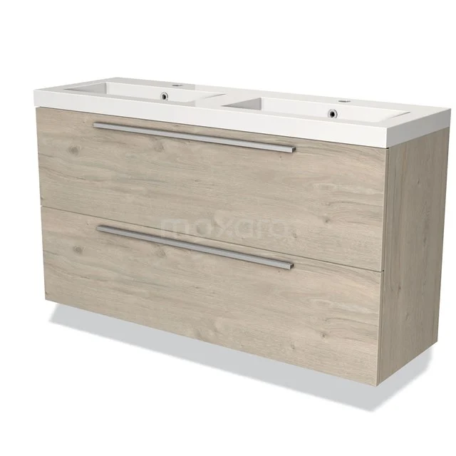 Badkamermeubel met dubbele wastafel, houtlook, licht eiken kleur, moderne stijl, twee brede lades, ideaal voor badkameropslag.