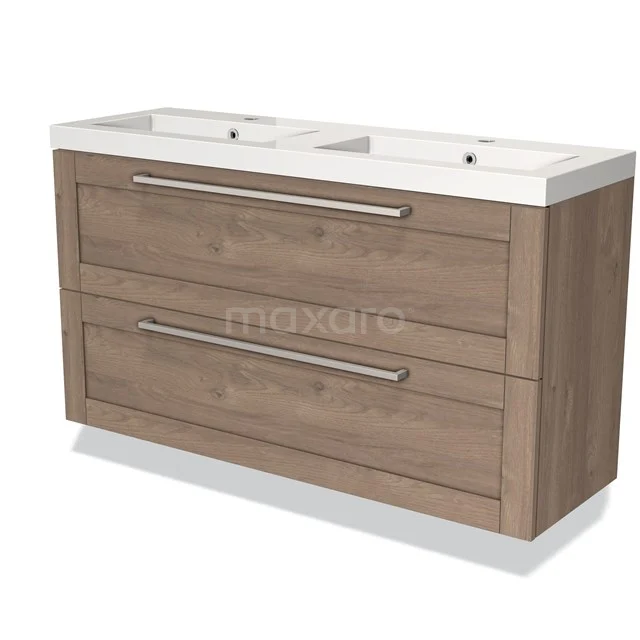 Dubbele wastafelmeubel, houtlook, met twee lades en metalen grepen; ideaal als stijlvolle opbergruimte in de badkamer.