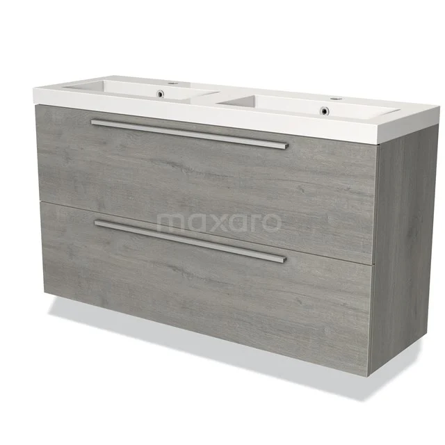 Moderne grijze dubbele wastafelmeubel met houtlook, rechthoekig design en geïntegreerde lades, ideaal voor elke badkamer.