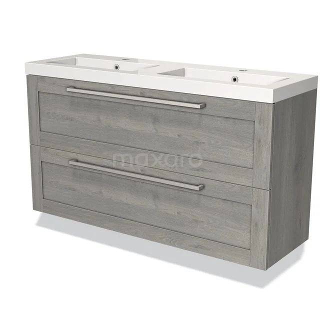 Grijze houten badkamermeubel met dubbele wastafel, strak design en ruime lades voor optimale opberging in de badkamer.