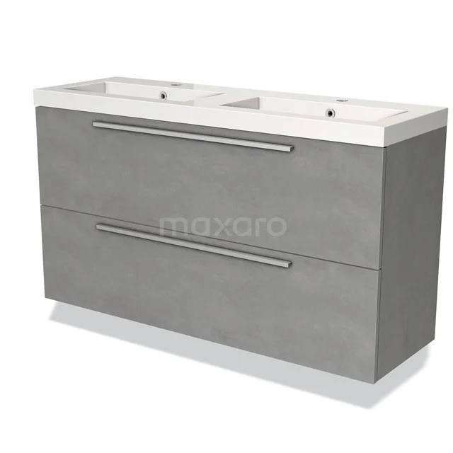 Grijze badkamermeubel met dubbele wastafel, strak design en twee ruime lades, ideaal voor moderne badkamers.