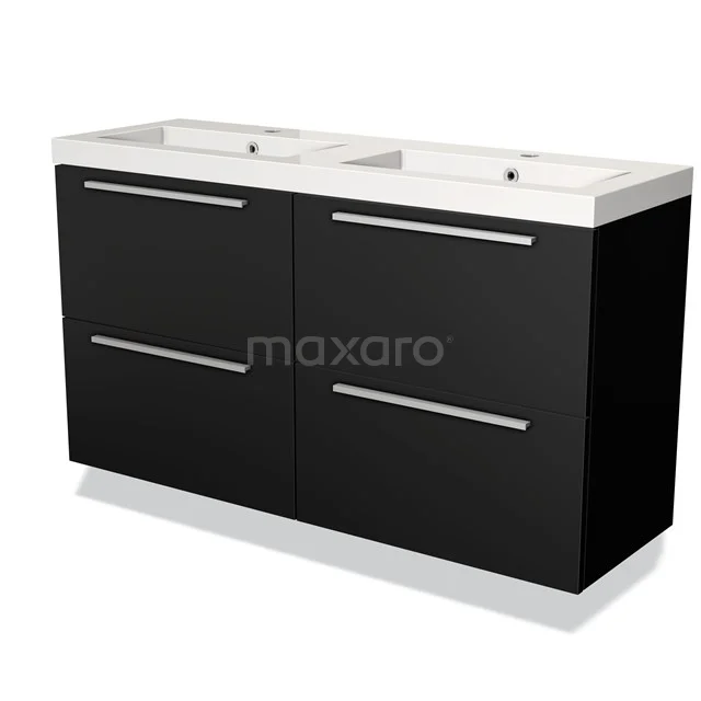 Black double basin bathroom furniture set with white basin, clean design and minimalist handles, ideal for modern bathrooms.