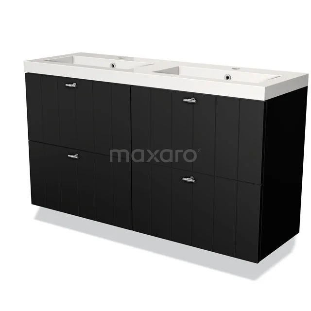 Black double vanity unit with white ceramic worktop, modern look, ideal for stylish bathroom decor.