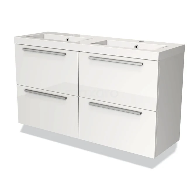 Badmöbel 120cm Modulo Slim Hochglanz Weiß 4 Schubladen Flaches Waschbecken Mineralguss BMW38-00007 Weiße doppelte Badschrank mit vier Schubladen, schlichten Haltegriffen und modernem Design, ideal für stilvolle Bäder.