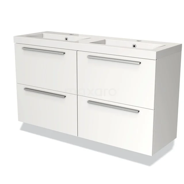 Weißes Badezimmermöbel mit Doppelwaschbecken, vier breiten Schubladen und metallischen Griffen, ideal für effizienten Stauraum im Badezimmer.