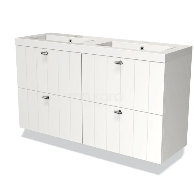 Modulo Slim Bathroom furniture with sink | 120 cm Matte white Slat front Mineral marble 4 drawers BMW38-00011 White double vanity unit with ribbed panels and chrome handles, ideal for stylish bathroom storage.