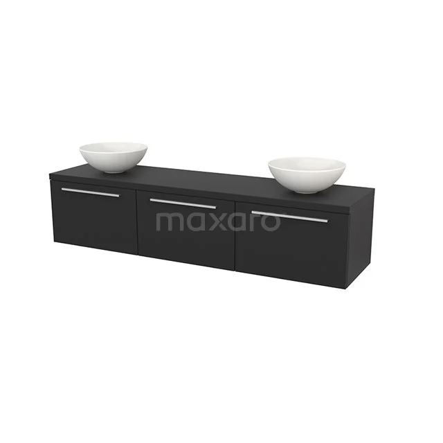 Black bathroom furniture set, rectangular with 3 drawers and 2 white countertop wash basins, modern design, ideal for stylish bathroom design.