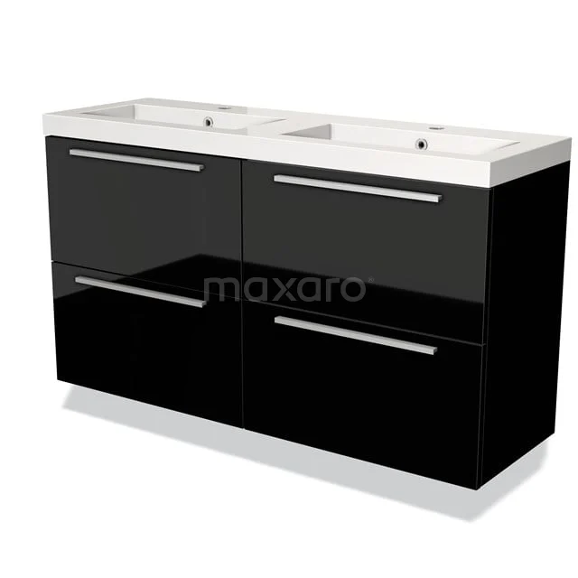 Badmöbel 120cm Modulo Slim Hochglanz Schwarz 4 Schubladen Flaches Waschbecken Mineralguss BMW38-00016 Schwarz glänzendes Doppel-Waschtisch mit weißen keramischen Waschbecken, modernes Design und geräumigem Stauraum ideal für das Badezimmer.