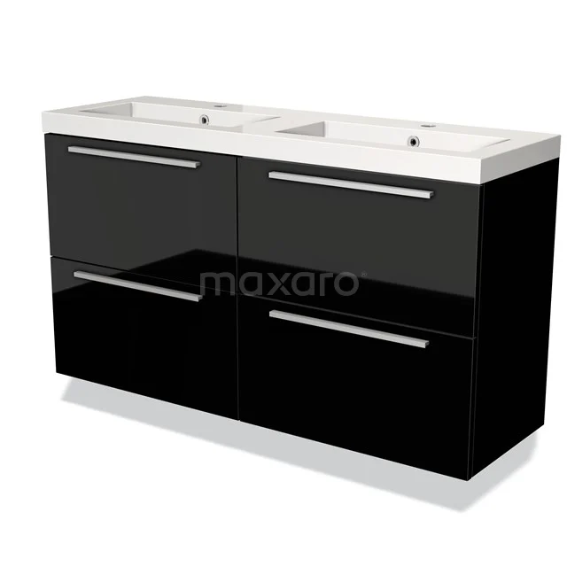 Black glossy double vanity unit with white ceramic sinks, modern design and spacious storage ideal for the bathroom.