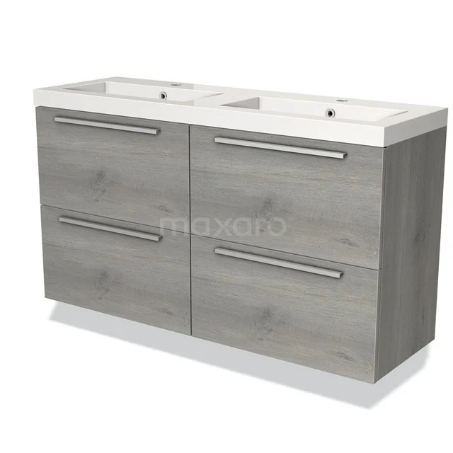 Modulo Slim Bathroom furniture with sink | 120 cm Grey oak Flat front Mineral marble 4 drawers BMW38-00029 Wooden grey bathroom unit with double basin and four drawers, sleek design for modern bathrooms.