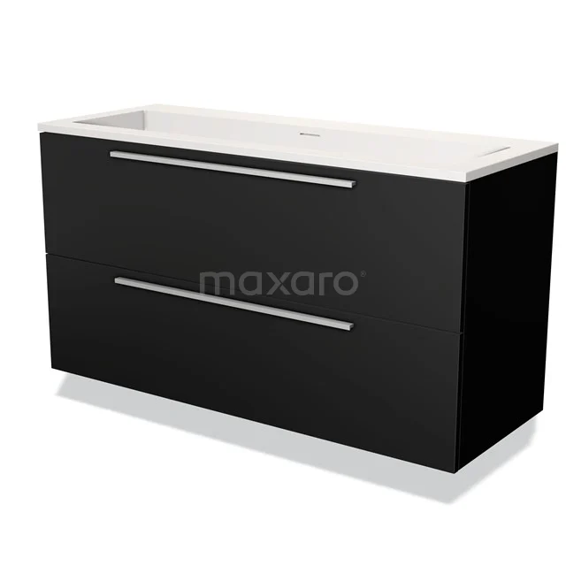 Zwarte badmeubelset met dubbele lades en witte wastafel, strak design, ideaal voor moderne badkamerinrichtingen.