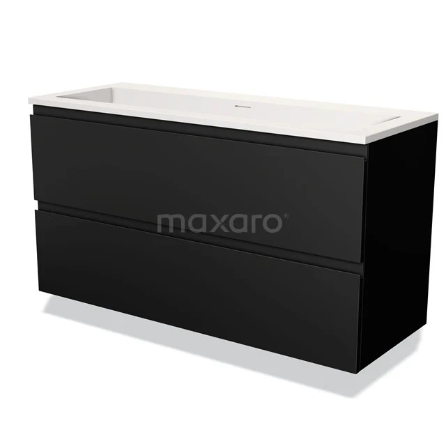 Black hanging vanity unit with two drawers, minimalist design and white ceramic worktop, ideal for a modern bathroom.