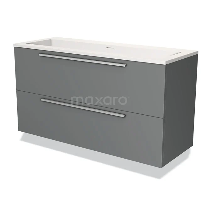 Grijze badkamermeubel met twee lades, strakke aluminium handgrepen en geïntegreerde witte wastafel; modern design.