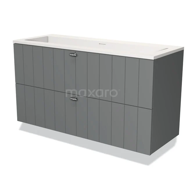 Grijze badkamermeubel met dubbele lade, moderne lamellenstructuur en geïntegreerde wastafel van keramiek.